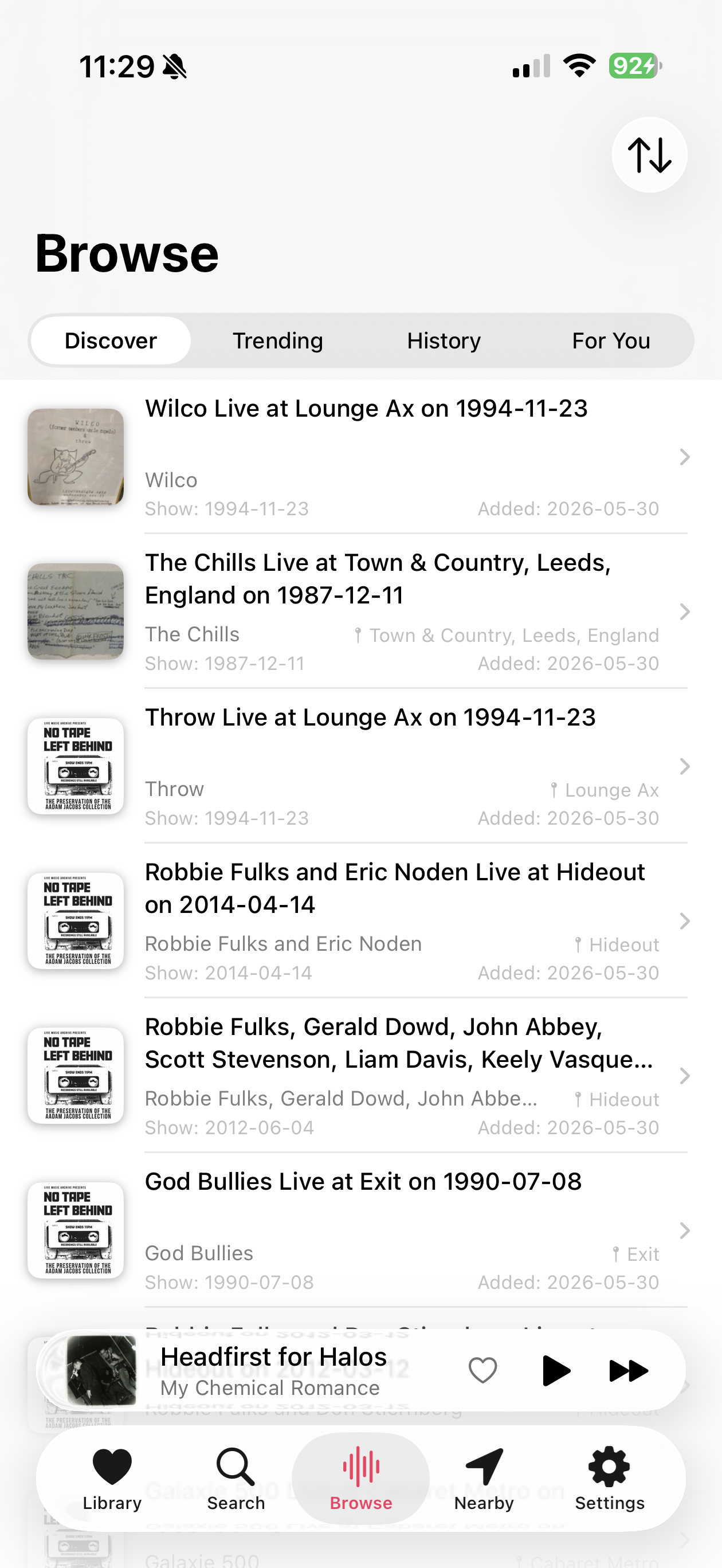Browse tab — Discover, Trending, History, For You